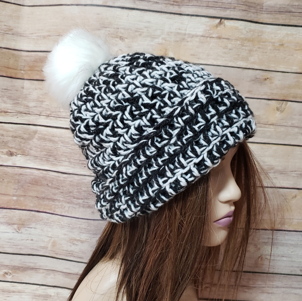 Charcoal & White Crochet Hat with Pom Pom, Beanies